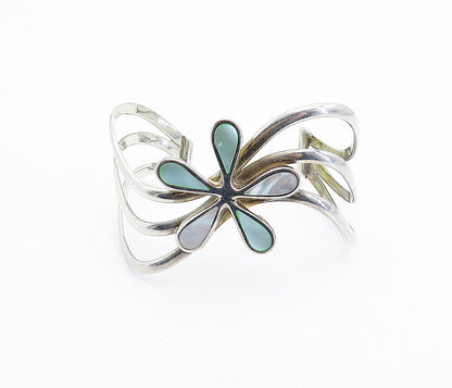925 Sterling Silver  Vintage Mother Of Pearl Flower Split Cuff Bracelet BT2258