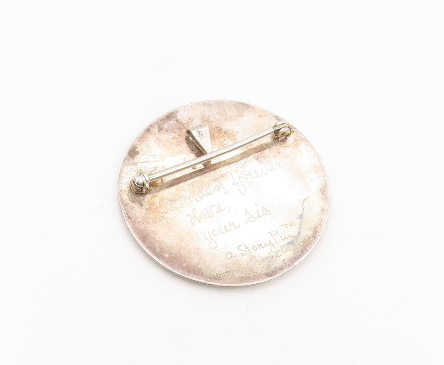 925 Sterling Silver Vintage Brooch MARGIE LOMBARD Engraved Story Pin  BP12003