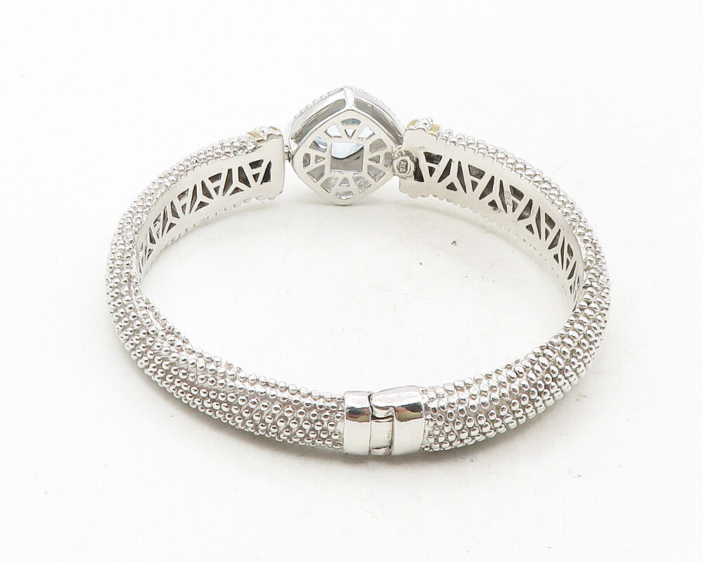 925 Sterling Silver  Blue Topaz Shiny Two Tone Spiked Bangle Bracelet  BT4270