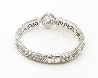 925 Sterling Silver  Blue Topaz Shiny Two Tone Spiked Bangle Bracelet  BT4270