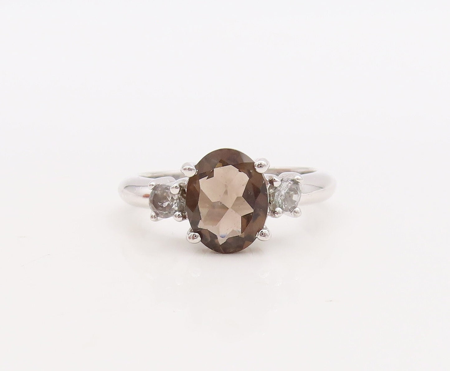 925 Sterling Silver Vintage Ring CZ & Oval Cut Smoky Quartz  Sz 7.5  RG29866