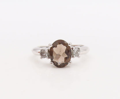 925 Sterling Silver Vintage Ring CZ & Oval Cut Smoky Quartz  Sz 7.5  RG29866