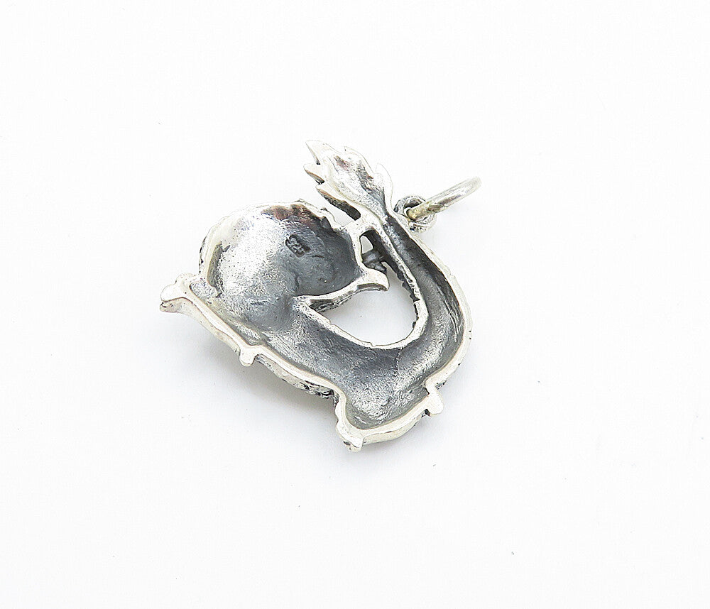 925 Sterling Silver  Vintage Dark Tone Etched Dragon Motif Pendant  PT5481