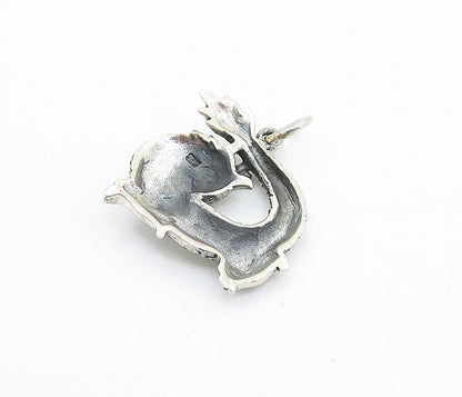 925 Sterling Silver  Vintage Dark Tone Etched Dragon Motif Pendant  PT5481