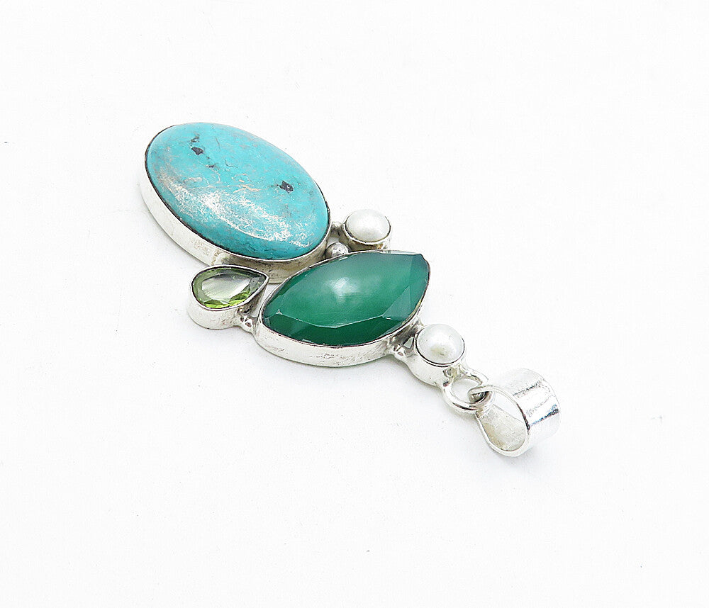 925 Silver  Vintage Pearls Turquoise Peridot & Carnelian Drop Pendant  PT3371