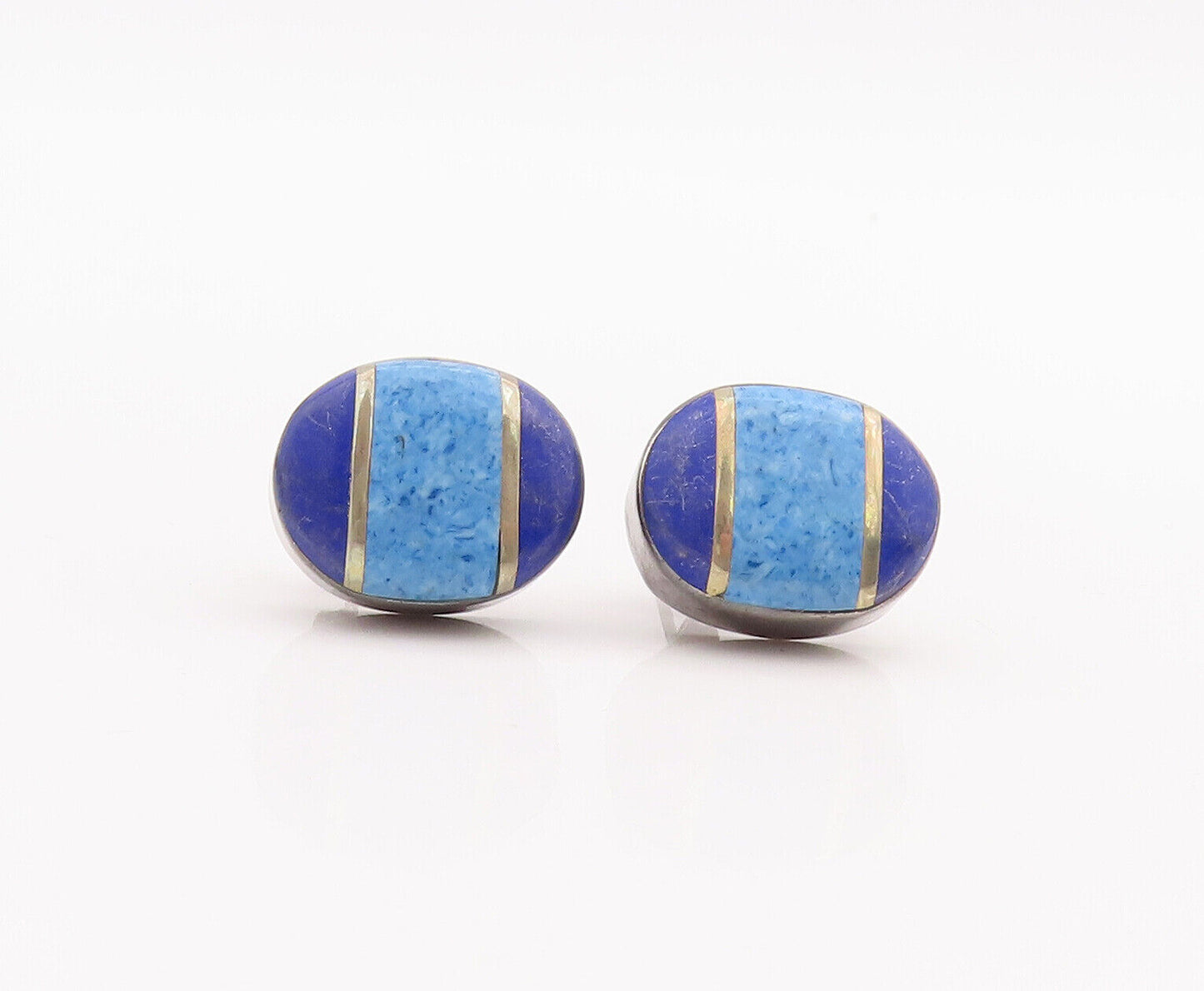 925 Sterling Silver Vintage Earrings MEXICO Oval Inlay Lapis Lazuli   EG13072