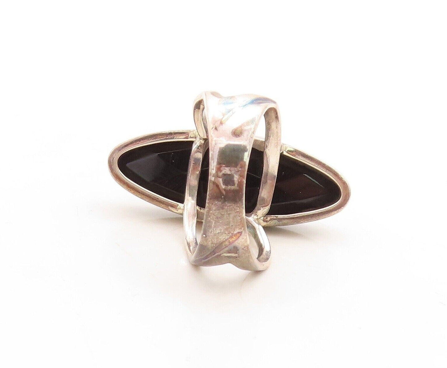 925 Sterling Silver Vintage Ring Large Oval Cut Onyx Split Band  Sz 8  RG30125
