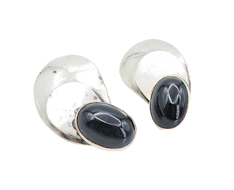 LOUIS BOOTH 925 Silver  Vintage Cabochon Cut Black Onyx Drop Earrings  EG4313