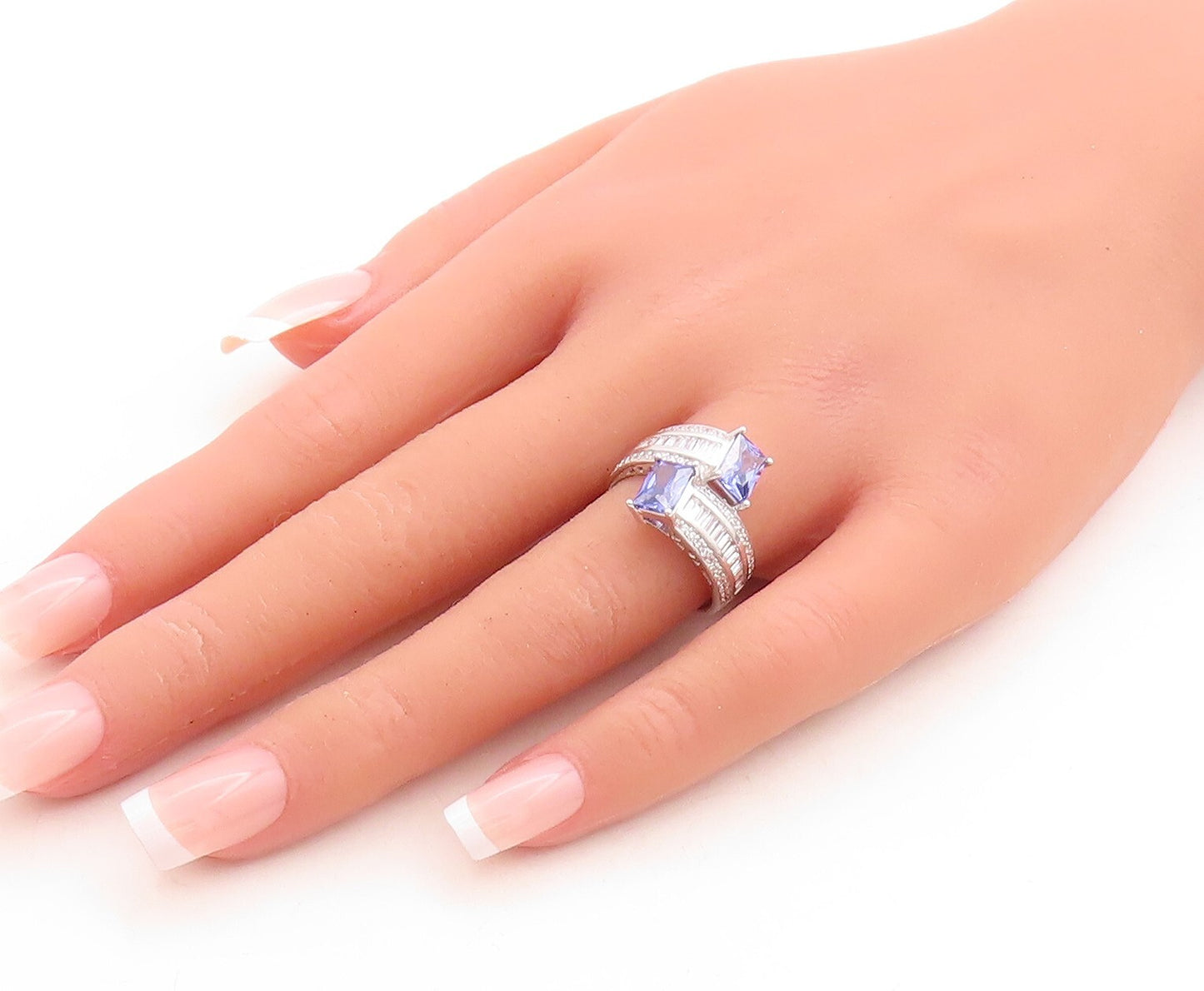 925 Sterling Silver Vintage Ring Blue & White CZ Bypass Inlay  Sz 7.5  RG30088