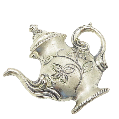 925 Sterling Silver  Vintage Floral Swirl Etched Tea Pot Brooch Pin  BP7089