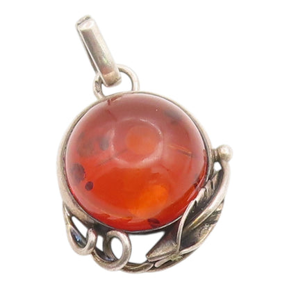 925 Sterling Silver Vintage Pendant Round Cabochon Amber Leaf Motif  PT26242