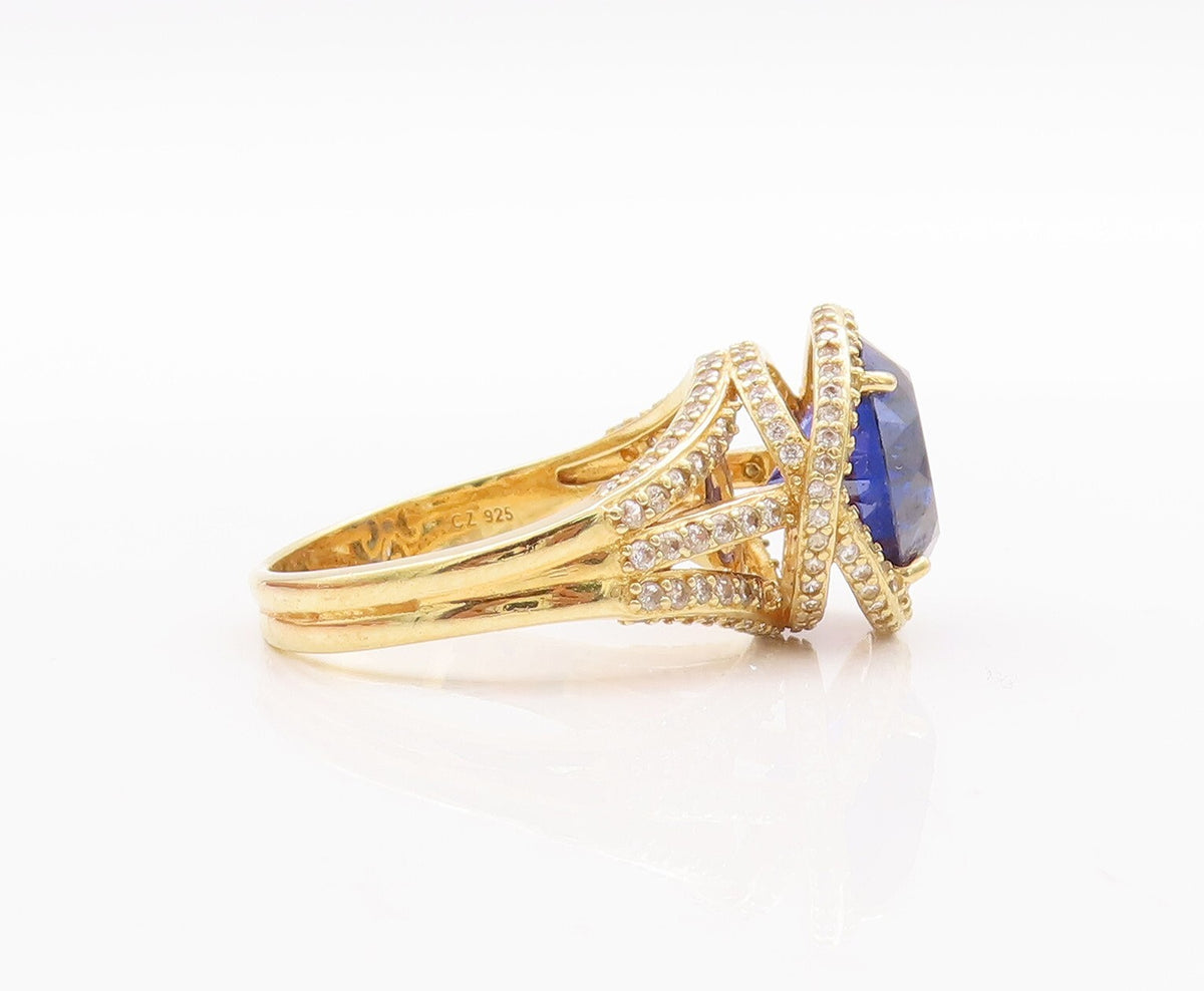 925 Sterling Silver Vintage Ring Gold Plated Two Tone Sapphire  Sz 11.5  RG28829