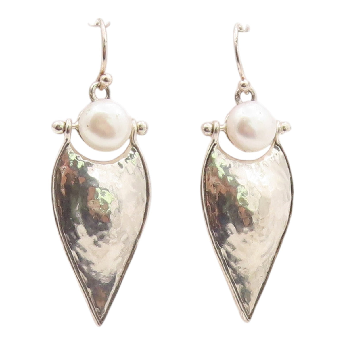 925 Sterling Silver Vintage Earrings ISRAEL Pearl Hammered Teardrop Hook EG14382