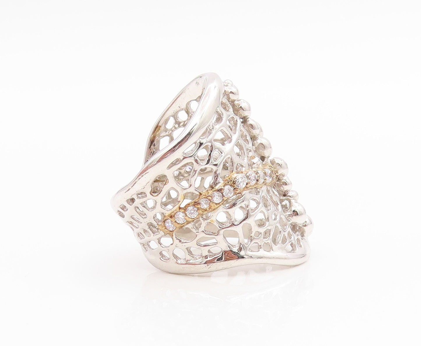 925 Sterling Silver Vintage Ring CZ Intricate Spider Web Wide Band Sz 7 RG34625