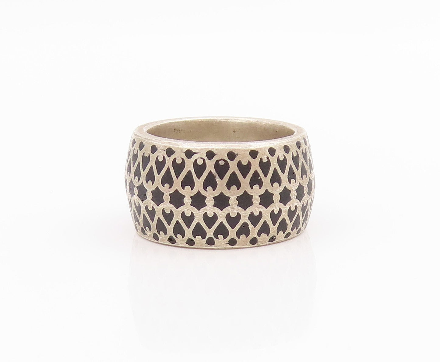 925 Sterling Silver Vintage Ring Black Intricate Lattice Pattern  Sz 6  RG34494