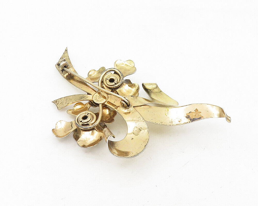 IH 925 Silver  Vintage Red Topaz Shiny Gold Plated Flowers Brooch Pin  BP4291