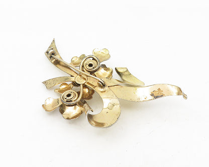 IH 925 Silver  Vintage Red Topaz Shiny Gold Plated Flowers Brooch Pin  BP4291