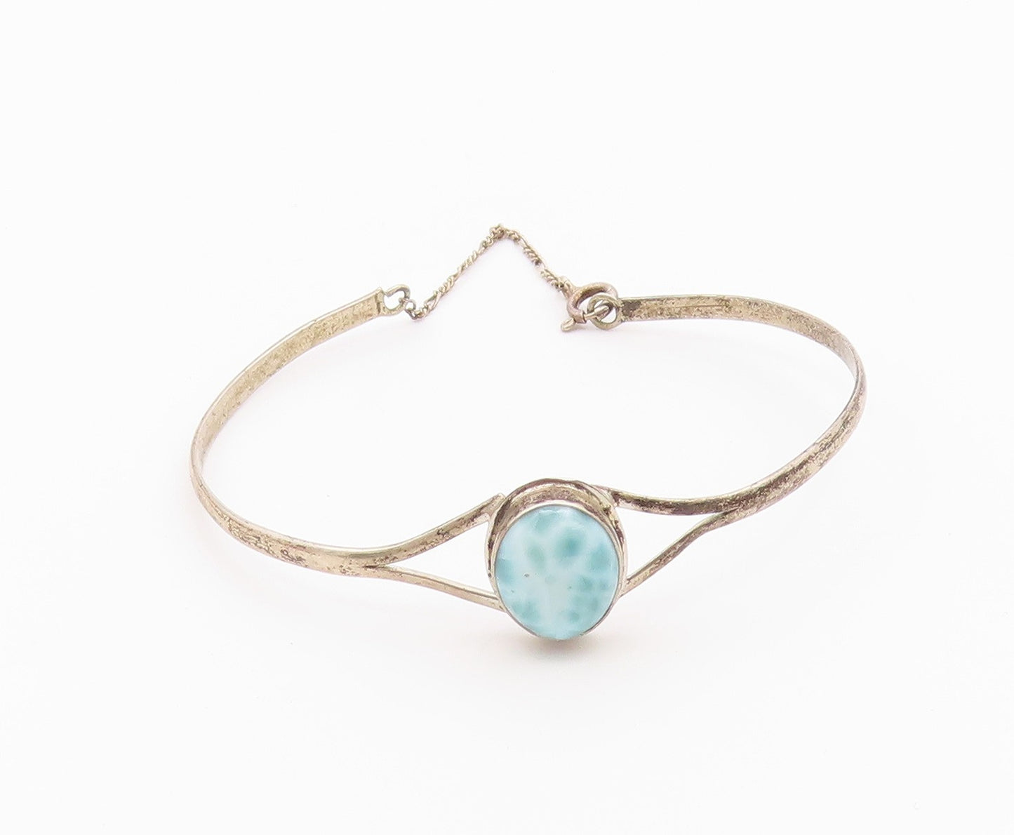 925 Sterling Silver  Vintage Cabochon Cut Larimar Thin Cuff Bracelet  BT8901