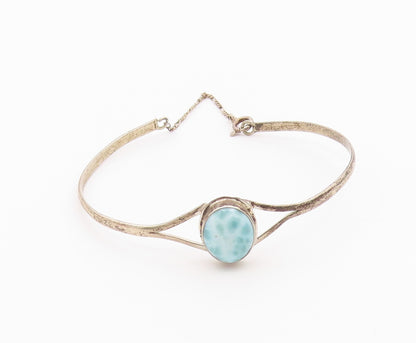925 Sterling Silver  Vintage Cabochon Cut Larimar Thin Cuff Bracelet  BT8901