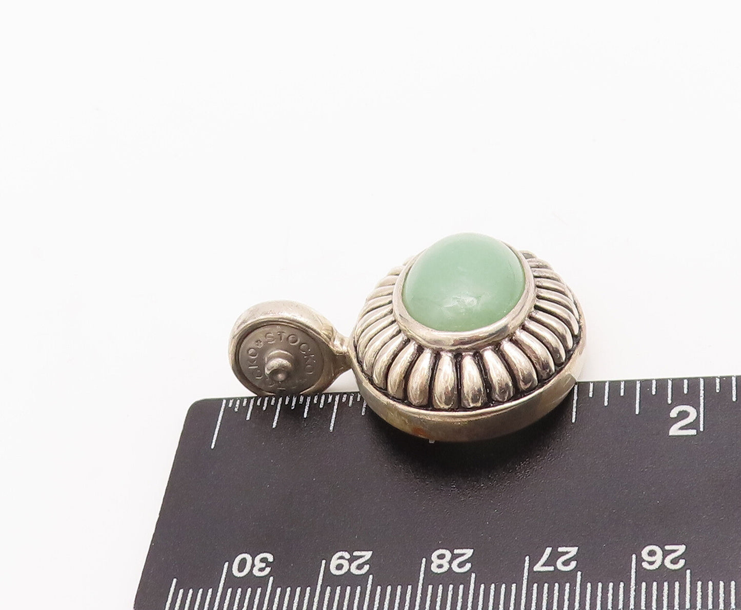 925 Sterling Silver Vintage Pendant ESPO Domed Oval Green Agate Etched  PT23252