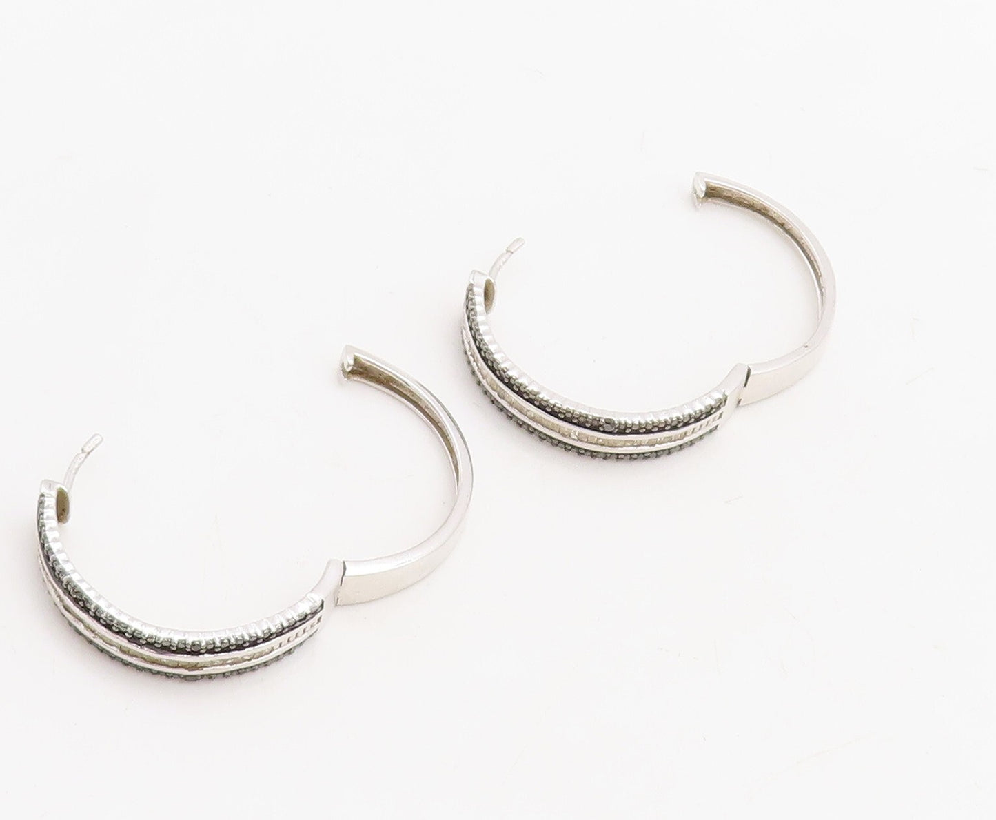 925 Sterling Silver Vintage Earrings Black & White Diamonds Hoops  EG13291