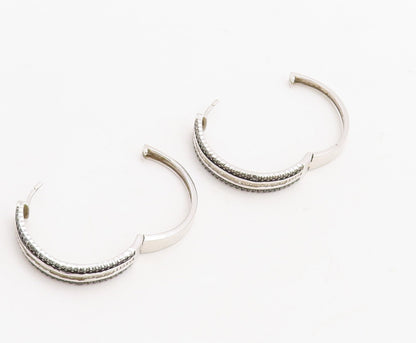 925 Sterling Silver Vintage Earrings Black & White Diamonds Hoops  EG13291