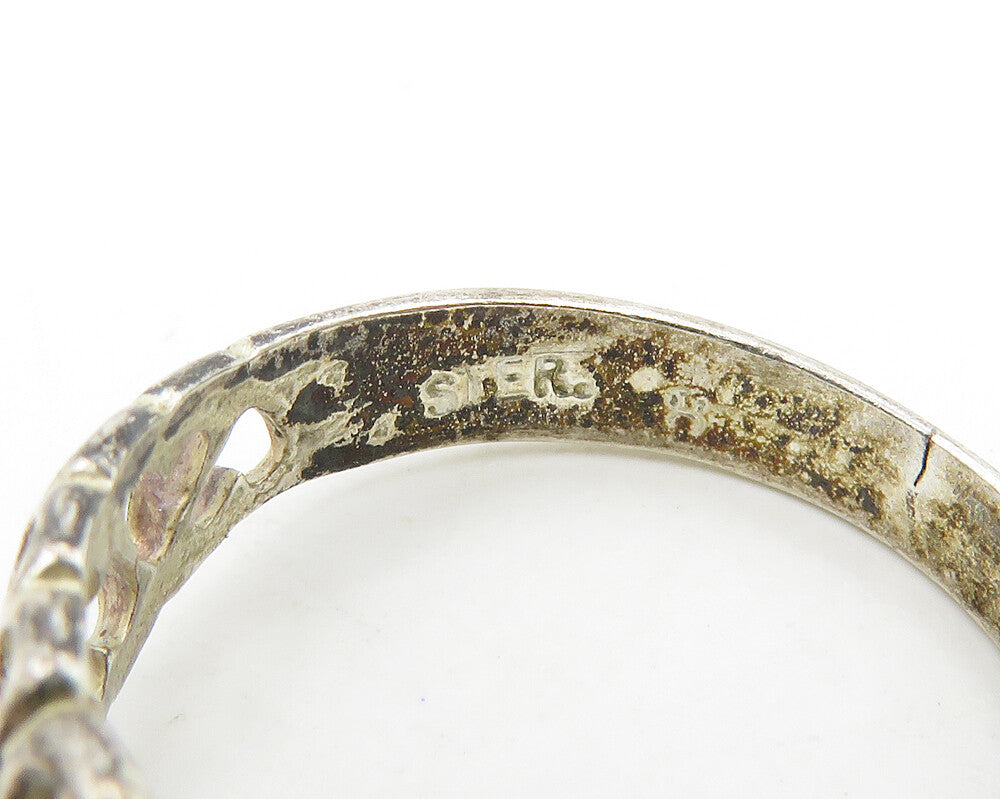 925 Sterling Silver  Vintage Up & Down Love Hearts Band Ring Sz 8  RG18632
