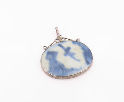 925 Sterling Silver  Vintage Chinese Ceramic Art Dark Tone Pendant  PT13380