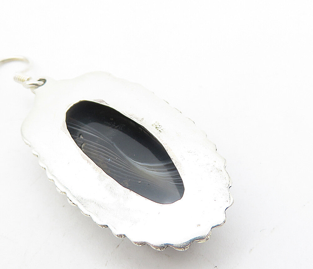 925 Sterling Silver  Vintage Faceted Black Agate Oblong Dangle Earrings EG3751