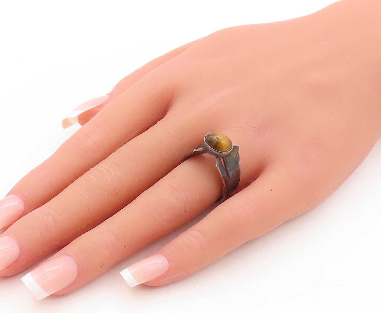 925 Sterling Silver Vintage Ring ISRAEL Dark Tone Tigers Eye  Sz 6.5  RG31055