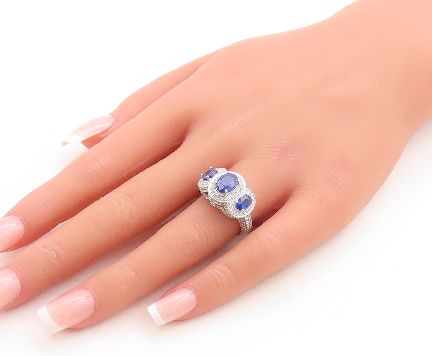 925 Sterling Silver Vintage Ring Oval Cut Sapphire Halo CZ Inlay  Sz 7  RG29887