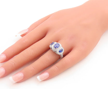 925 Sterling Silver Vintage Ring Oval Cut Sapphire Halo CZ Inlay  Sz 7  RG29887
