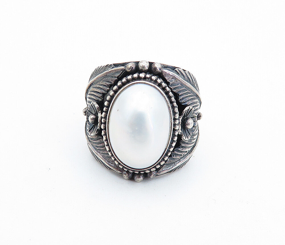 MERAV 925 Sterling Silver  Vintage Pearl Floral Cocktail Ring Sz 7  RG7684