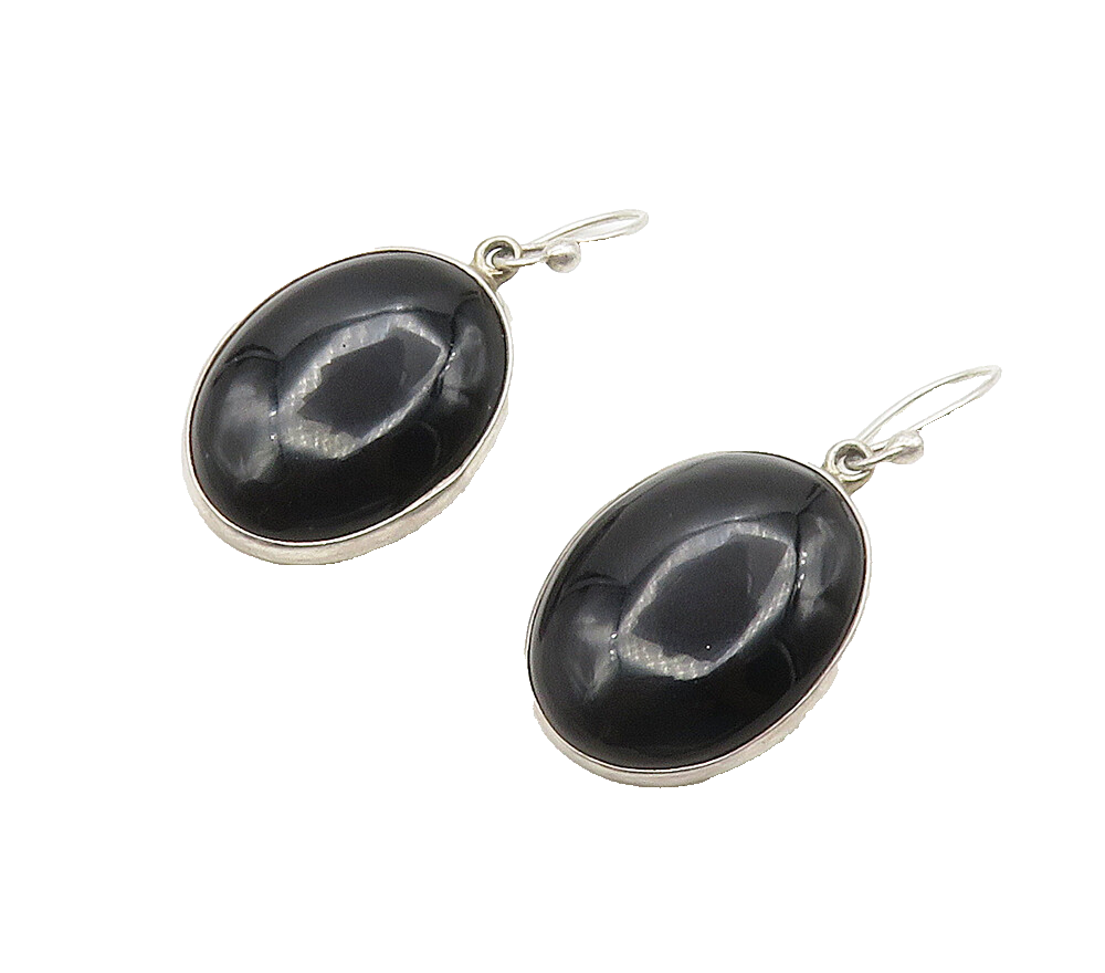 925 Sterling Silver  Vintage Cabochon Cut Black Onyx Dangle Earrings  EG7972