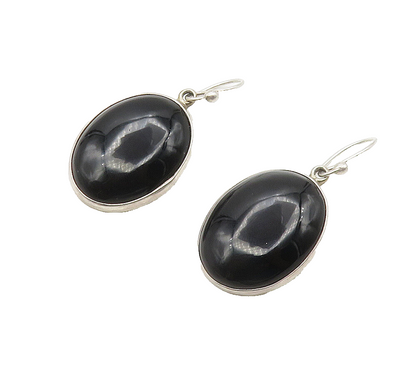 925 Sterling Silver  Vintage Cabochon Cut Black Onyx Dangle Earrings  EG7972