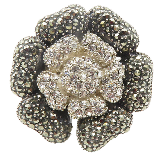 925 Sterling Silver  Cubic Zirconia & Marcasite Cocktail Ring Sz 7  RG11779