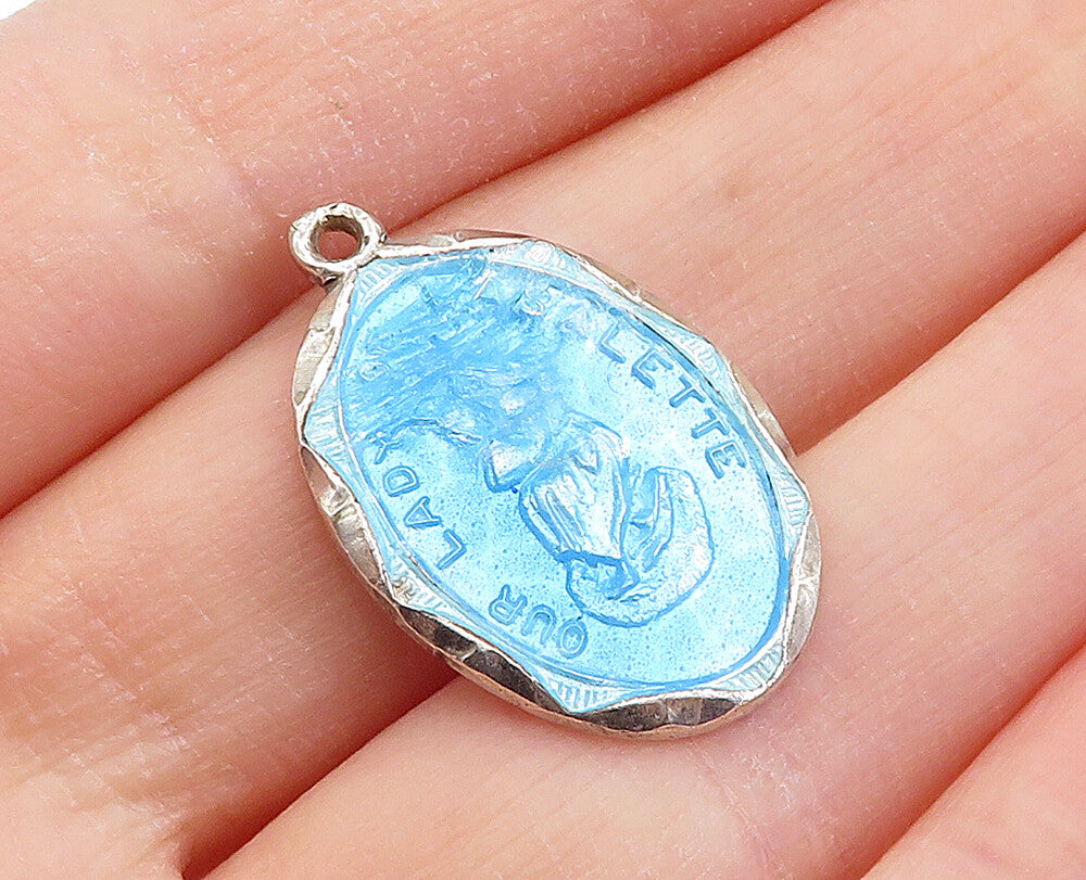 925 Sterling Silver  Vintage Petite Enamel Coated Our Lady Pendant  PT3846