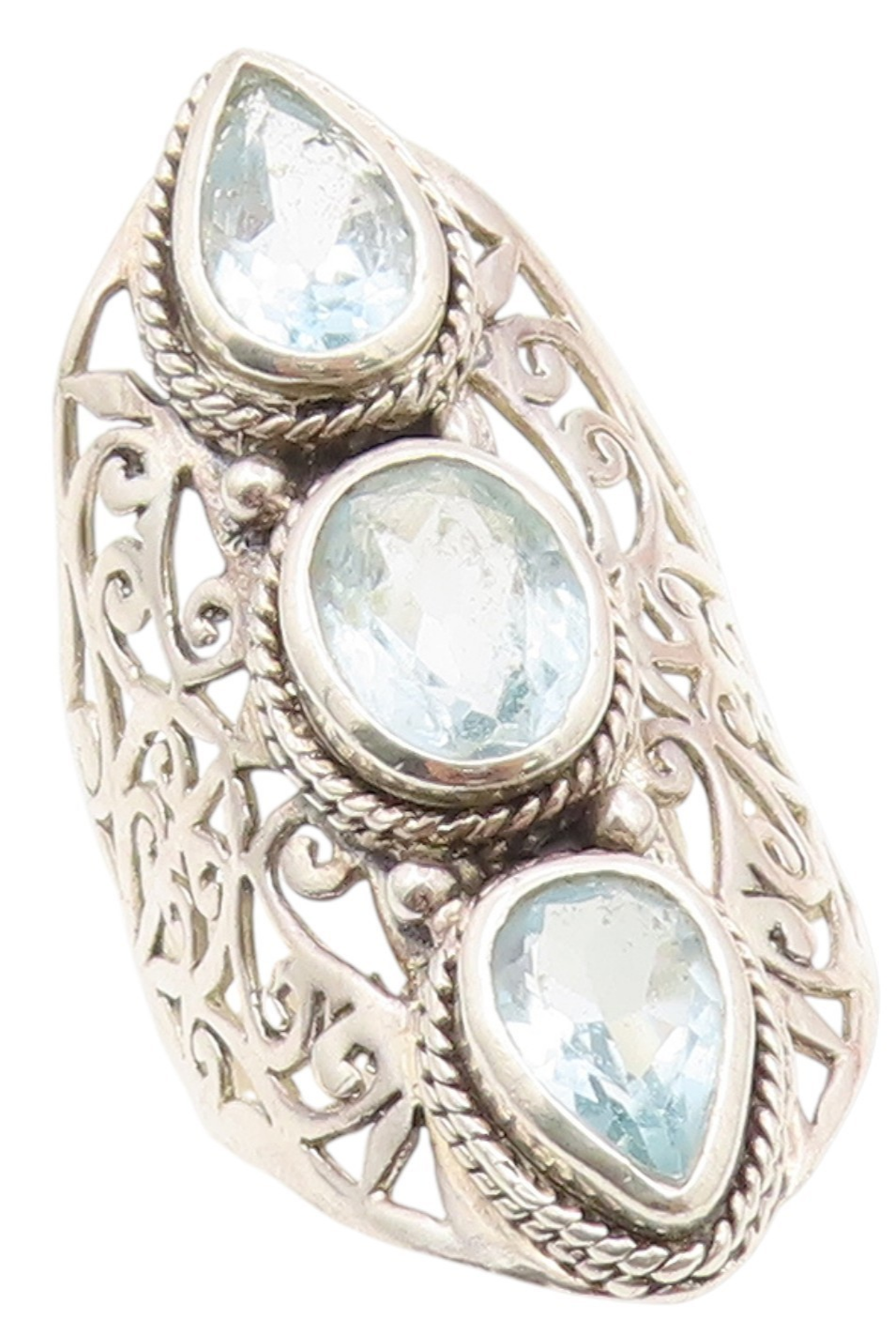 925 Sterling Silver Vintage Ring Blue Topaz Open Statement Band  Sz 8.5  RG34371
