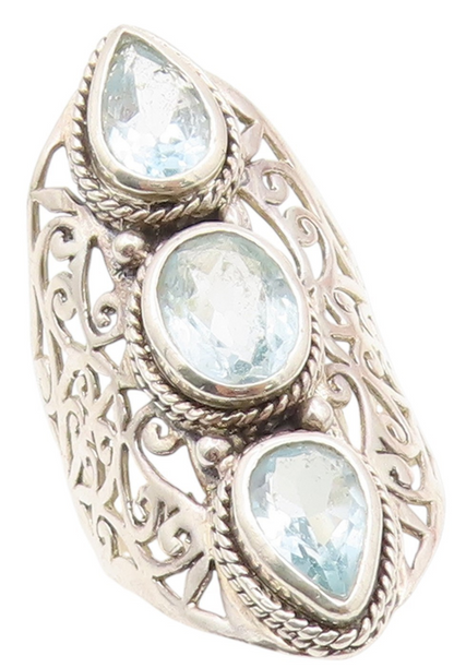 925 Sterling Silver Vintage Ring Blue Topaz Open Statement Band  Sz 8.5  RG34371