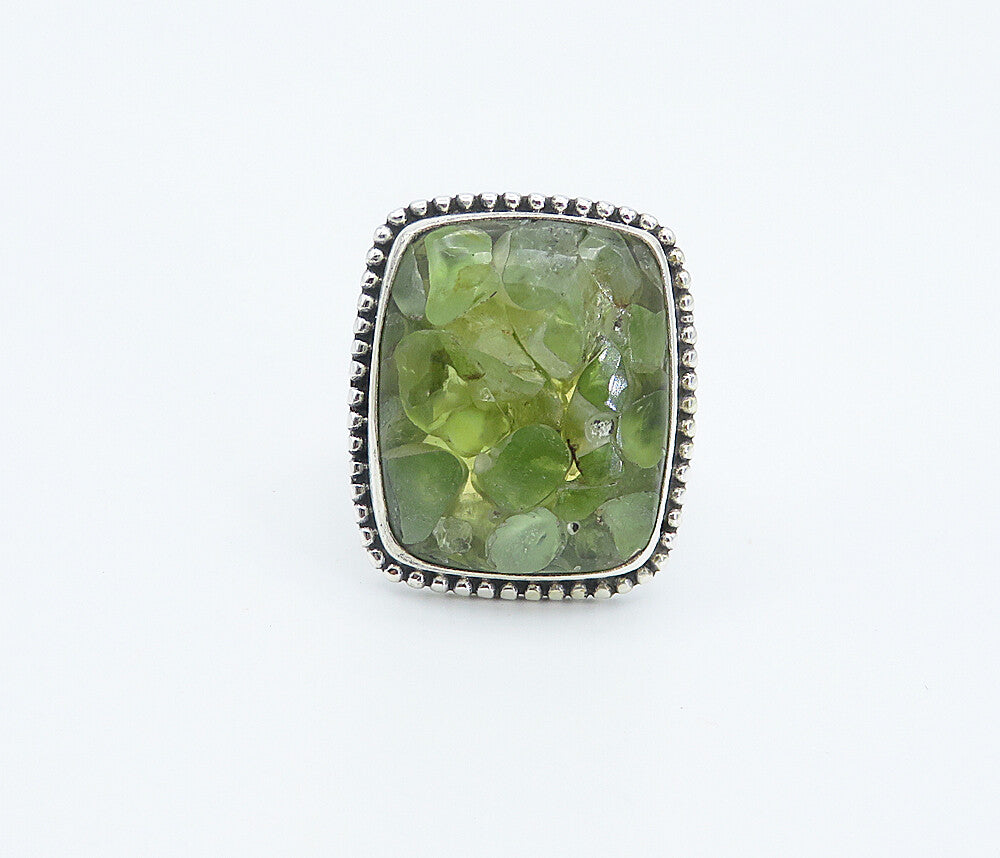 925 Sterling Silver  Peridot Cluster Square Fluted Cocktail Ring Sz 9  RG8306