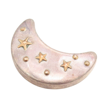 925 Sterling Silver Vintage Brooch Puffed Cutout Moon Carved Stars  BP11493