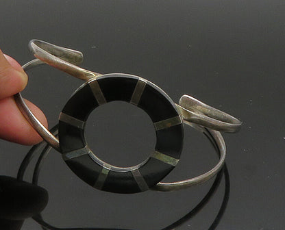 925 Sterling Silver  Vintage Black Onyx Open Circle Cuff Bracelet  BT8258