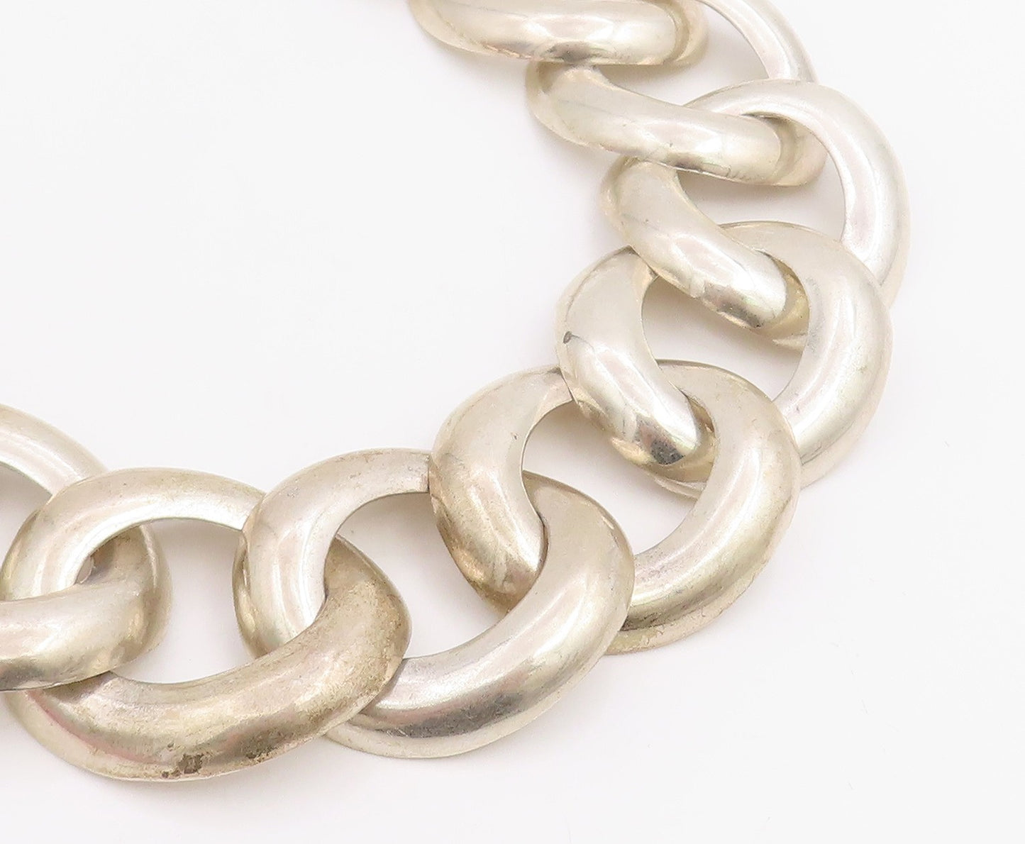 925 Sterling Silver Vintage Necklace MEXICO Chunky Oval Cuban Link Choker NE4788