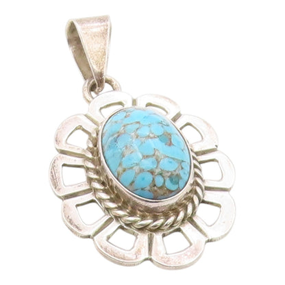 MEXICO 925 Silver  Vintage Cabochon Turquoise Flower Motif Pendant  PT16625