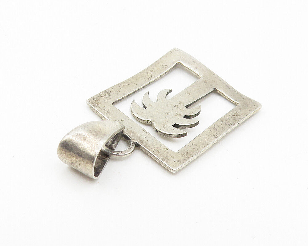 925 Sterling Silver  Vintage Dark Tone Cutout Palm Tree Square Pendant  PT8524