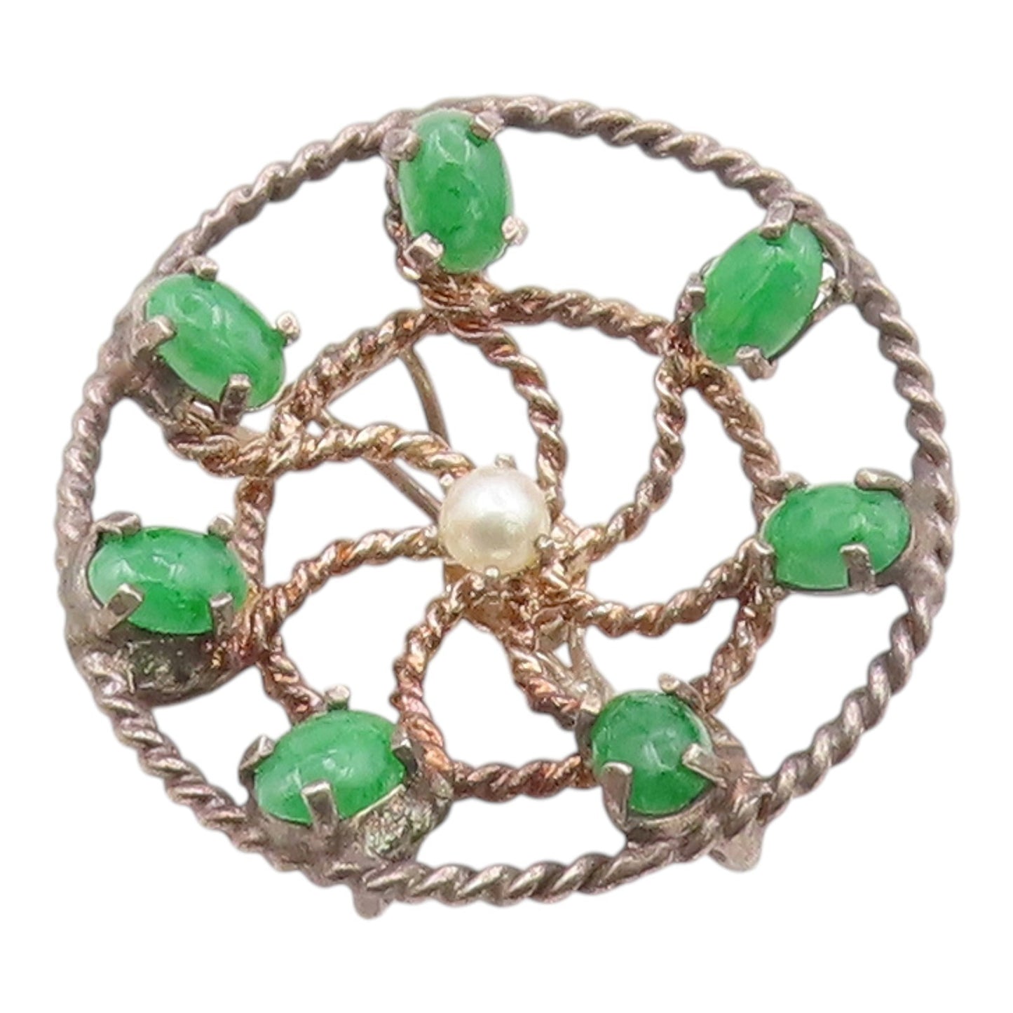 925 Sterling Silver  Vintage Emerald & Pearl Twist Wheel Pendant  PT10922