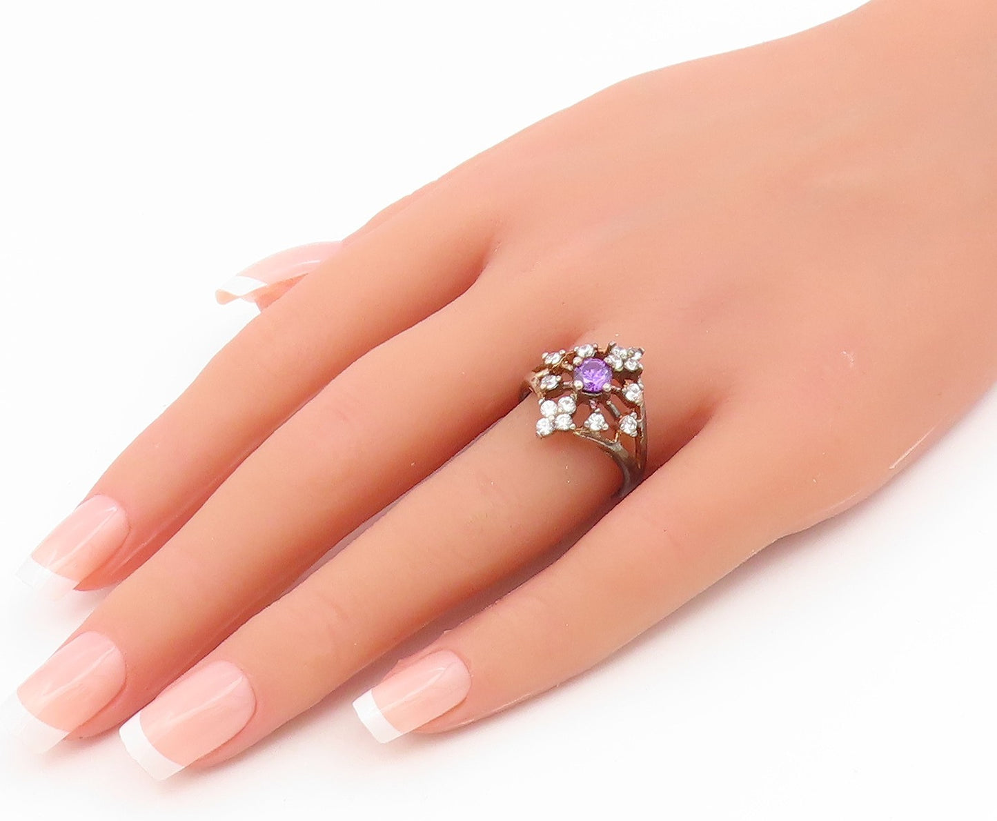 925 Sterling Silver Vintage Ring Gold Plated Amethyst & Topaz Band Sz 8 RG35168