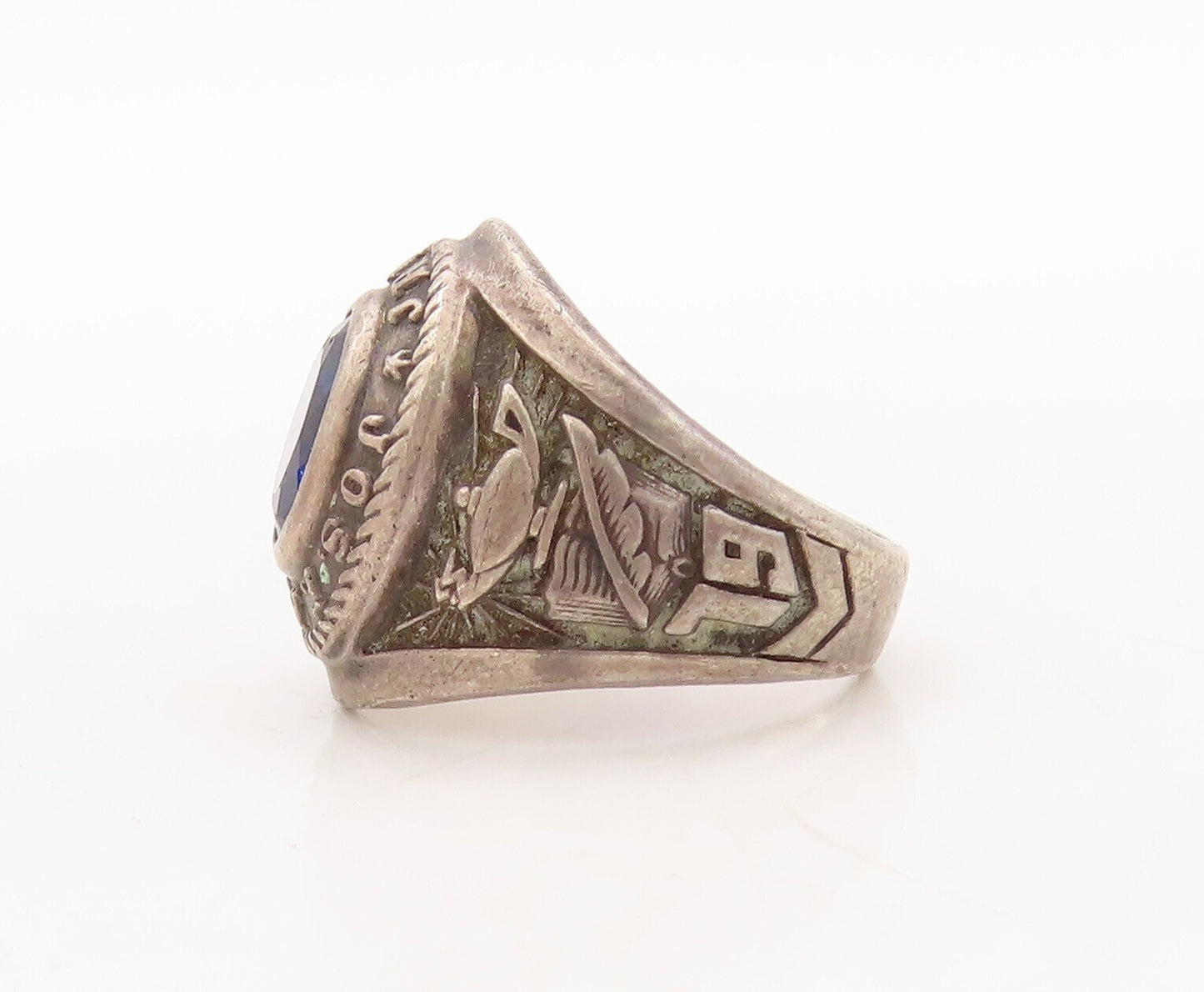925 Sterling Silver Vintage Carved 1976 High School Sapphire  Sz 7.5  RG31029