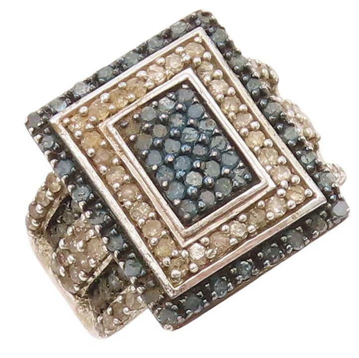 925 Sterling Silver Vintage Ring Rectangle Real Two Tone Diamonds  Sz 8 RG28430