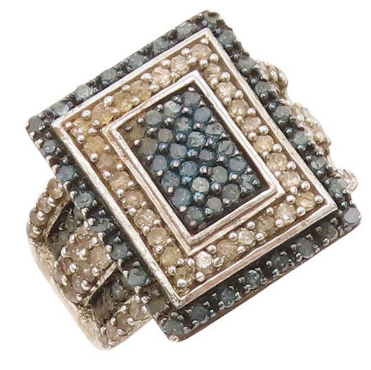 925 Sterling Silver Vintage Ring Rectangle Real Two Tone Diamonds  Sz 8 RG28430